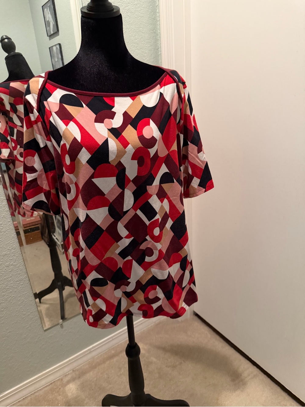 Talbots Geometric Print Short Sleeve Top in Red, Black, Cream, Pink